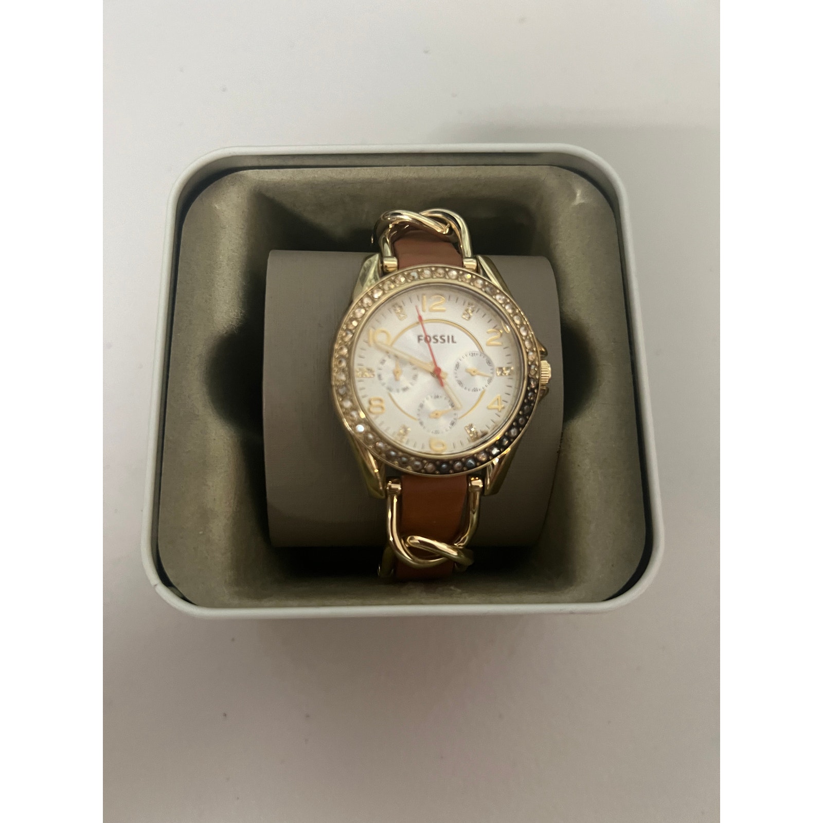 Fossil Es3723 Riley Multifunction White Dial Orange Leather Strap Women's Watch
